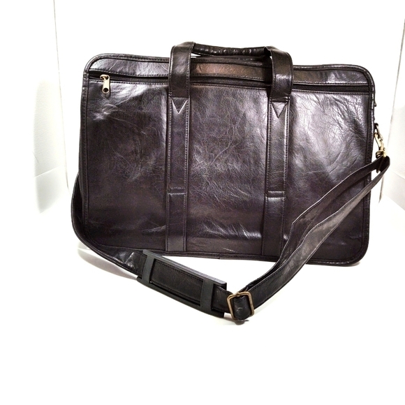 Black Faux Leather Briefcase Messenger Bag with Multiple Zipper Pockets - Picture 2 of 8